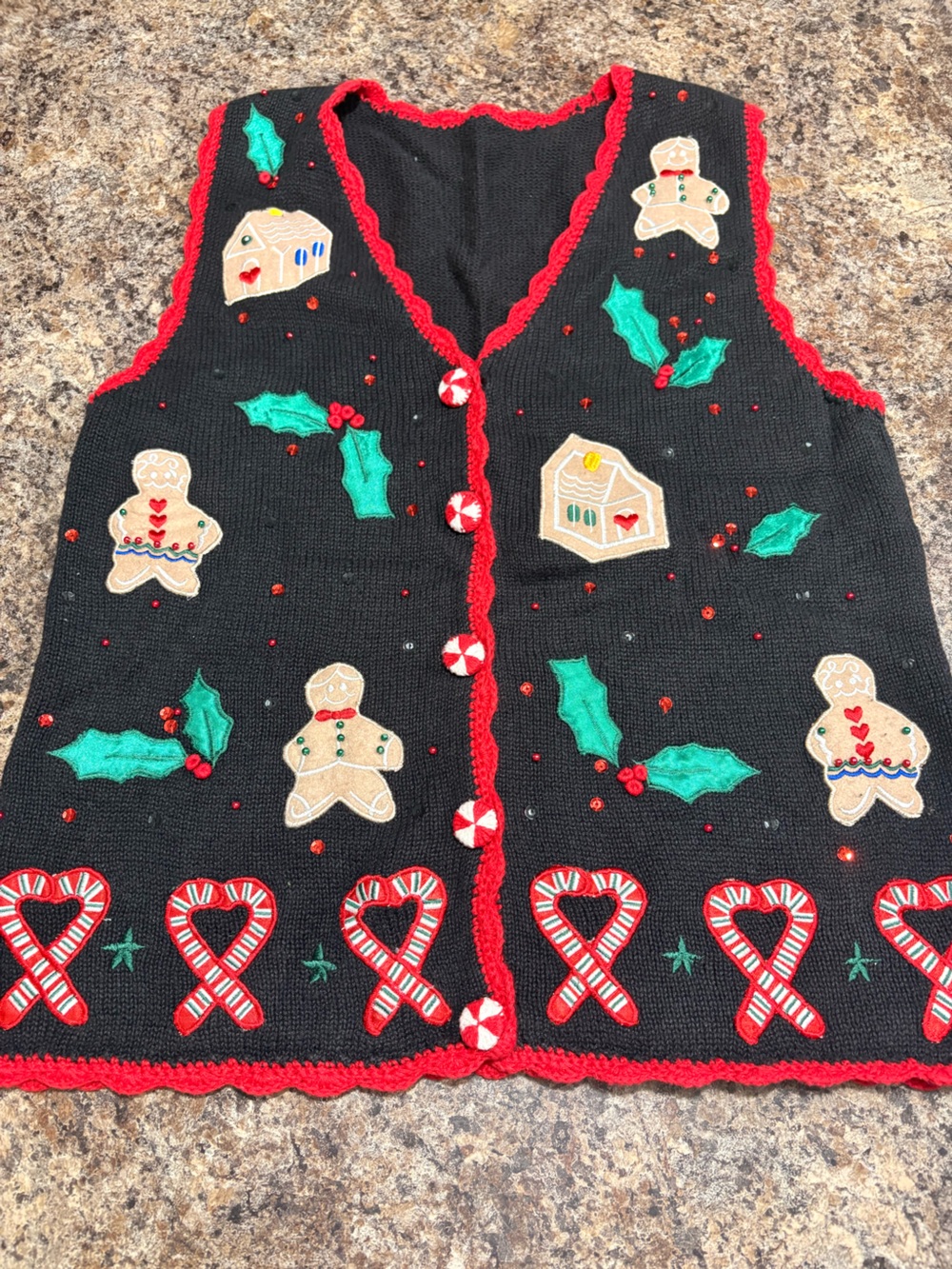 Black Holiday Sweater Vest with Gingerbread & Candy Motifs